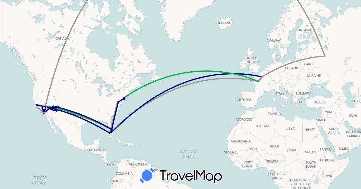 TravelMap itinerary: driving, bus, plane, train in France, Russia, United States (Europe, North America)